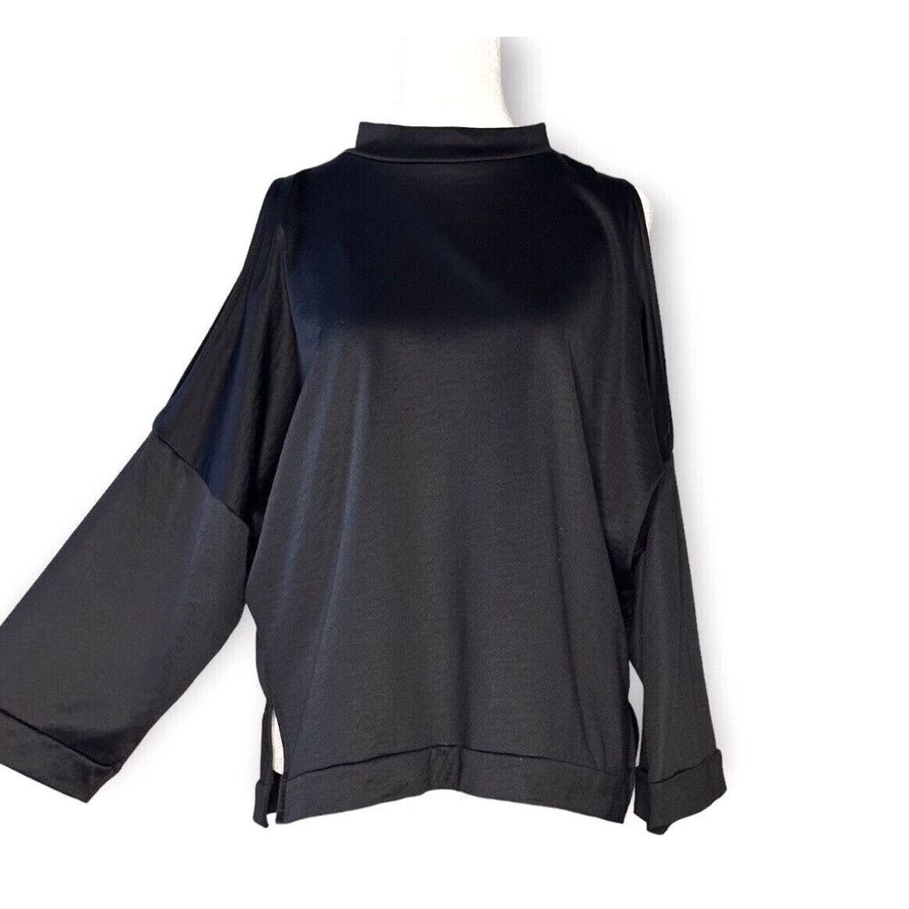 Zara Cold Shoulder Mock Neck Slinky Knit Blouse Top Dolman 3/4 Sleeve Black S